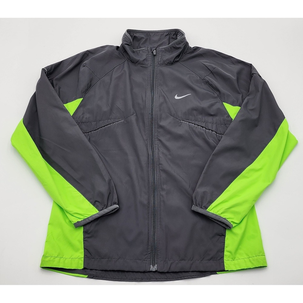 Nike Windbreaker Jacket Kids Small Gray Neon Green Excellent Reflective Zip Up